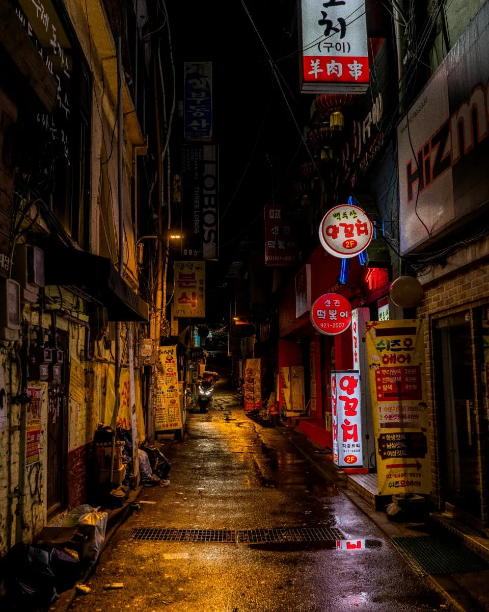 A narrow alley hung with glowing shop signs
