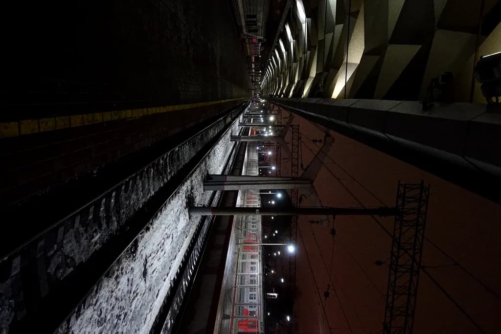 A long concrete underpass lit by a line of lamps